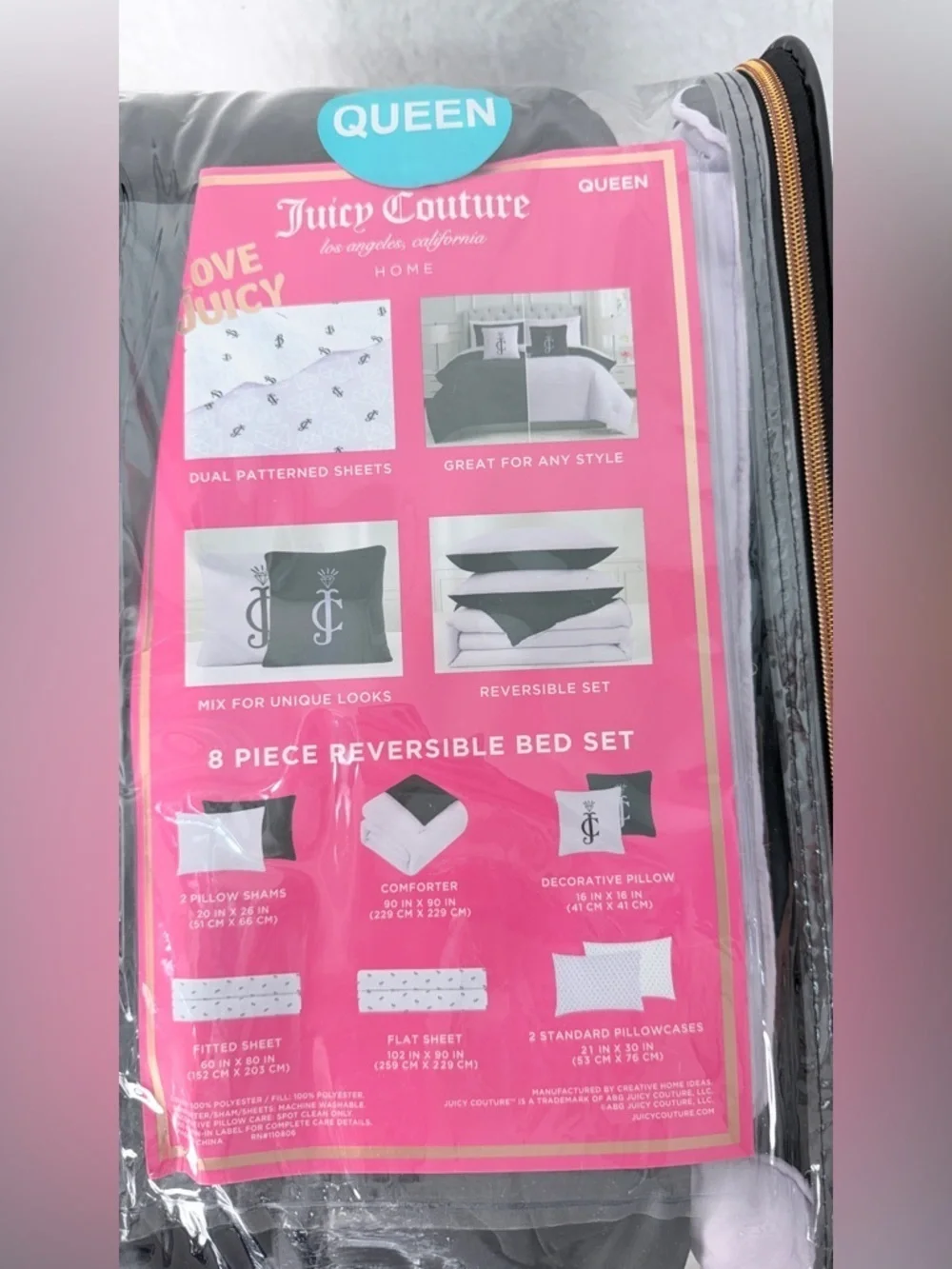 Juicy Couture Queen Reversible Bedding Set 8 Piece Comforter Sheet Set Glam